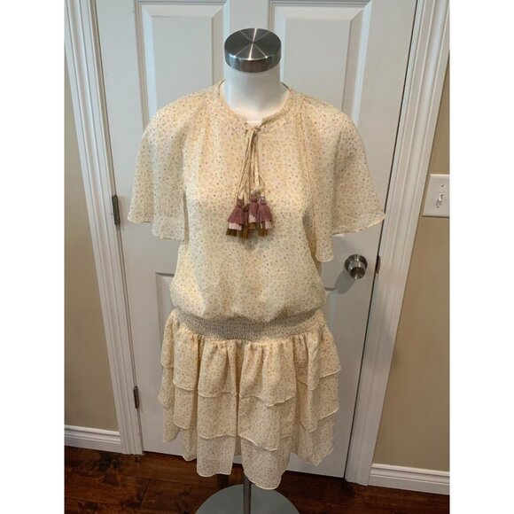 Rebecca Minkoff Cream & Purple Floral Crepe Dress w/ Tassel Tie, Size XS - Picture 1 of 6